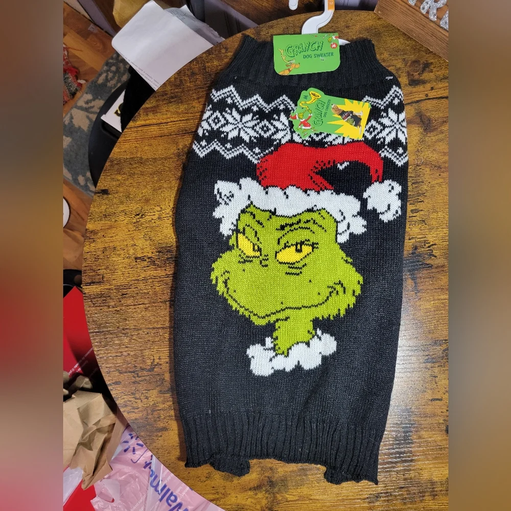Dr. Suess Grinch Dog Sweater with Santa Hat black background
